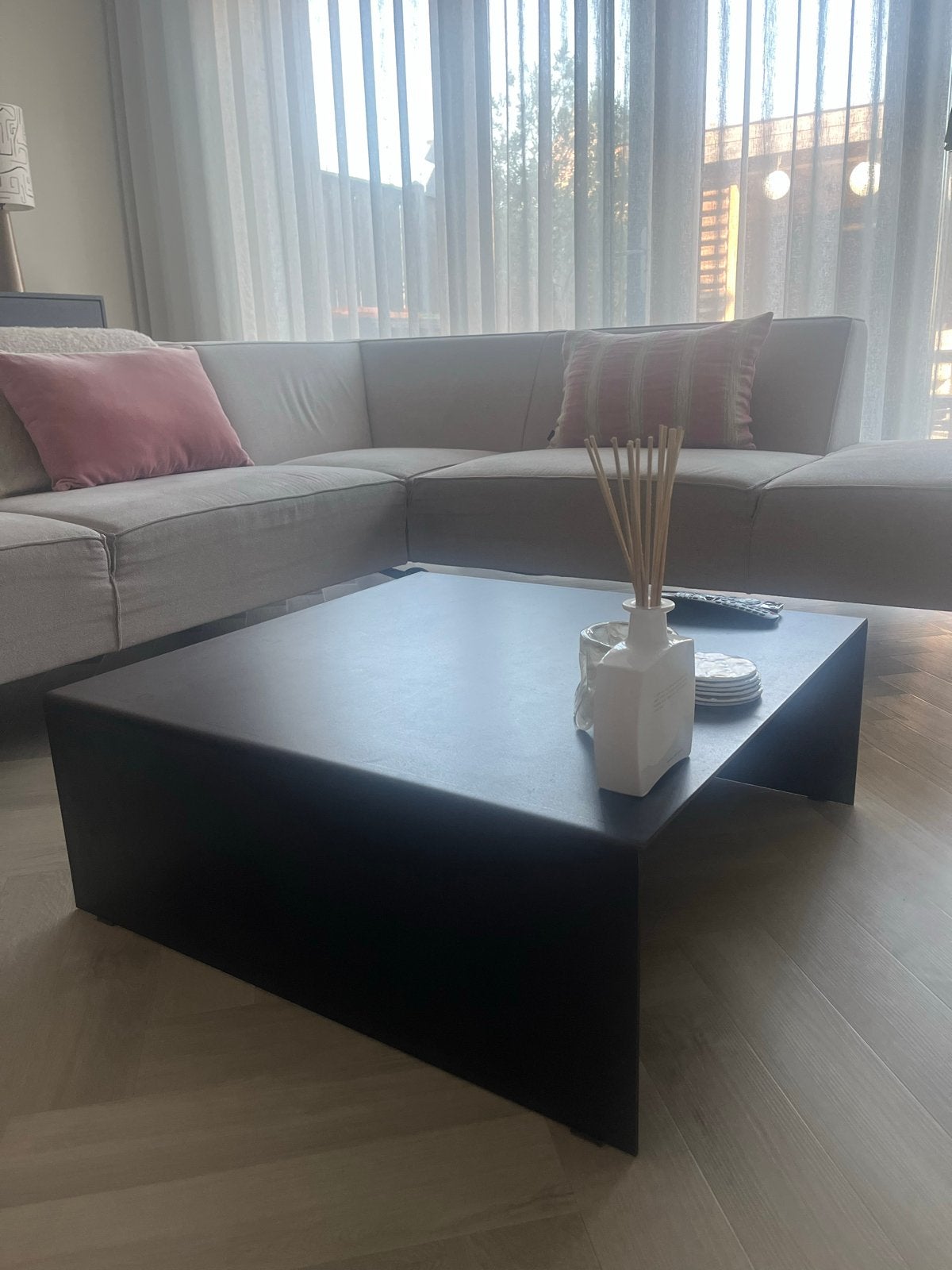 Strakke zwarte stalen salontafel 80x80 cm, Ophalen, Overige materialen, Gebruikt, Vierkant