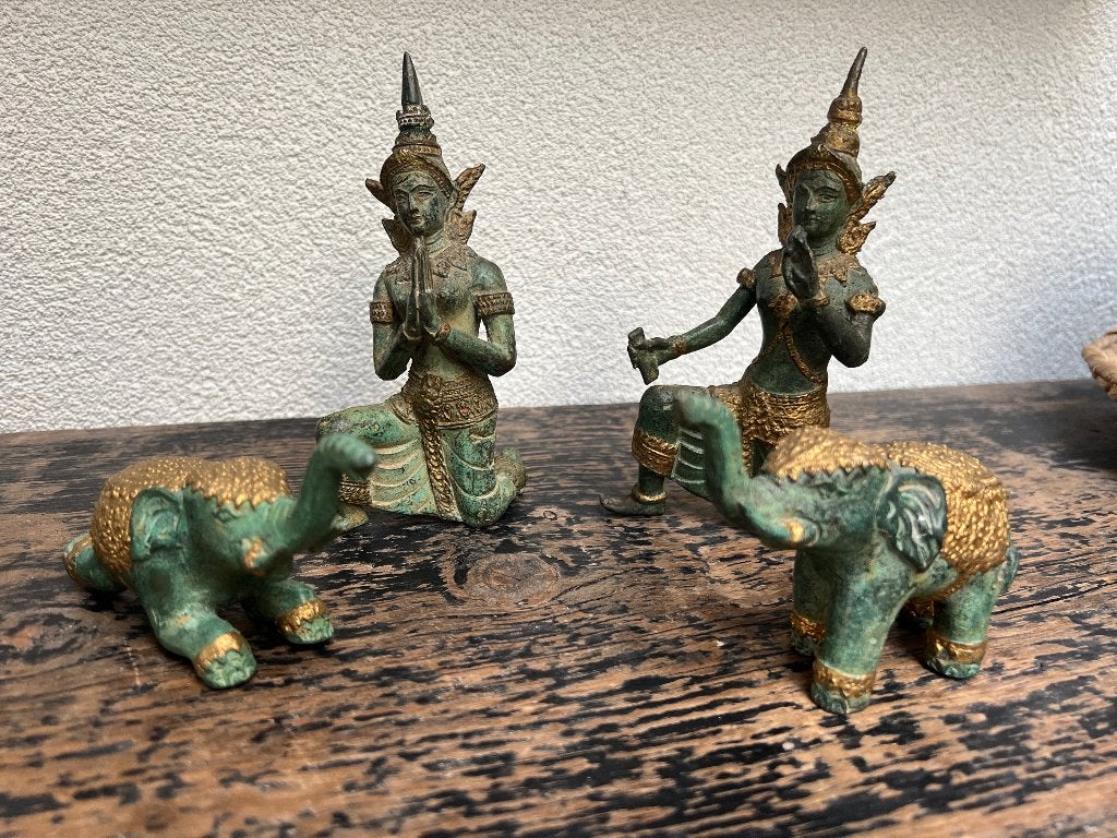 Thailand Thaise bronzen boeddha wachter en olifant set, Verburgt Vintage, Massief, 16 cm, Ophalen of Verzenden