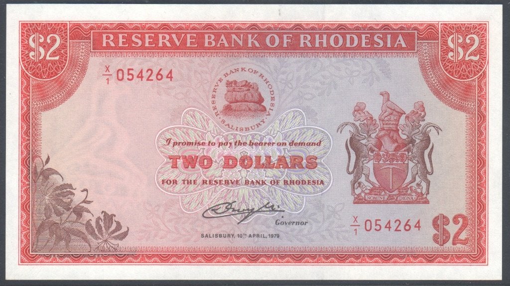 Rhodesia 2 Dollars 1979 Replacement X/1, Postzegels en Munten, Verzenden, Overige landen, Los biljet