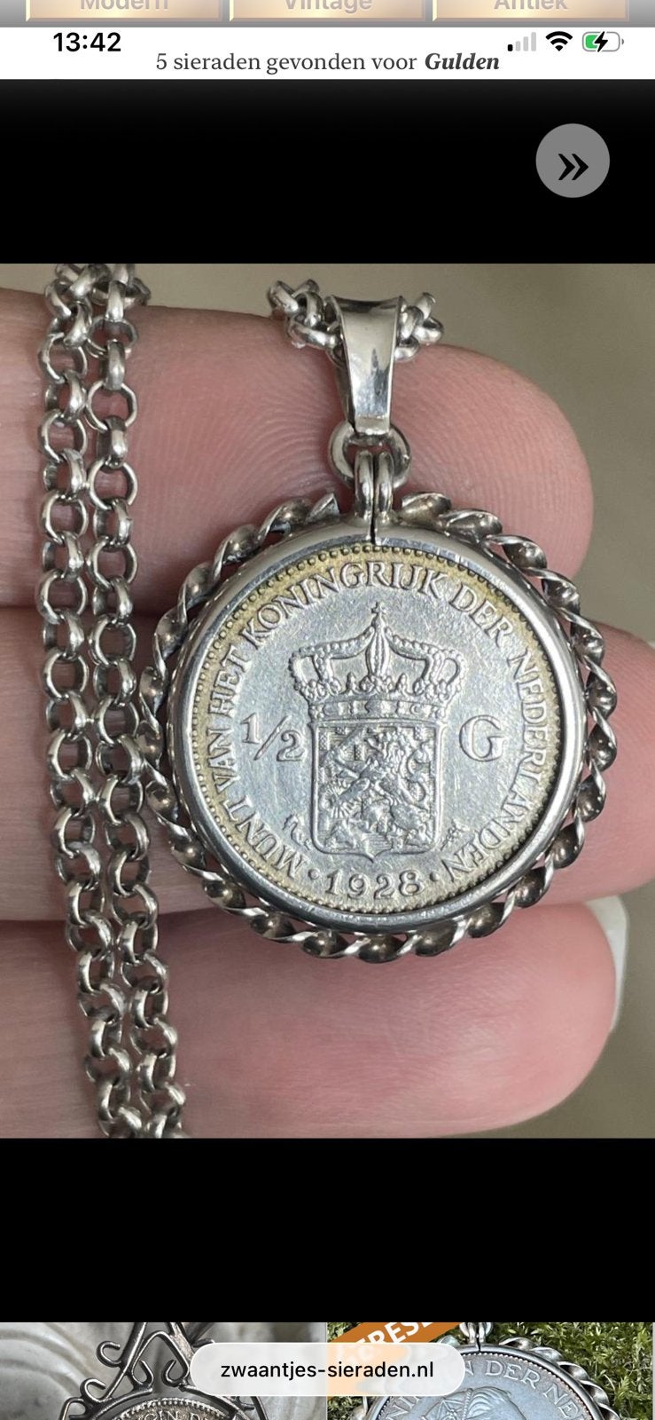 zilveren jasseronketting met zilveren halve gulden 1928, Ophalen of Verzenden, Zilver, Ketting