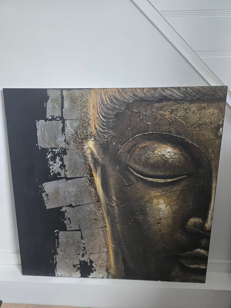 Boeddha Schilderij Goud Zilver - 100x100 cm, Ophalen of Verzenden
