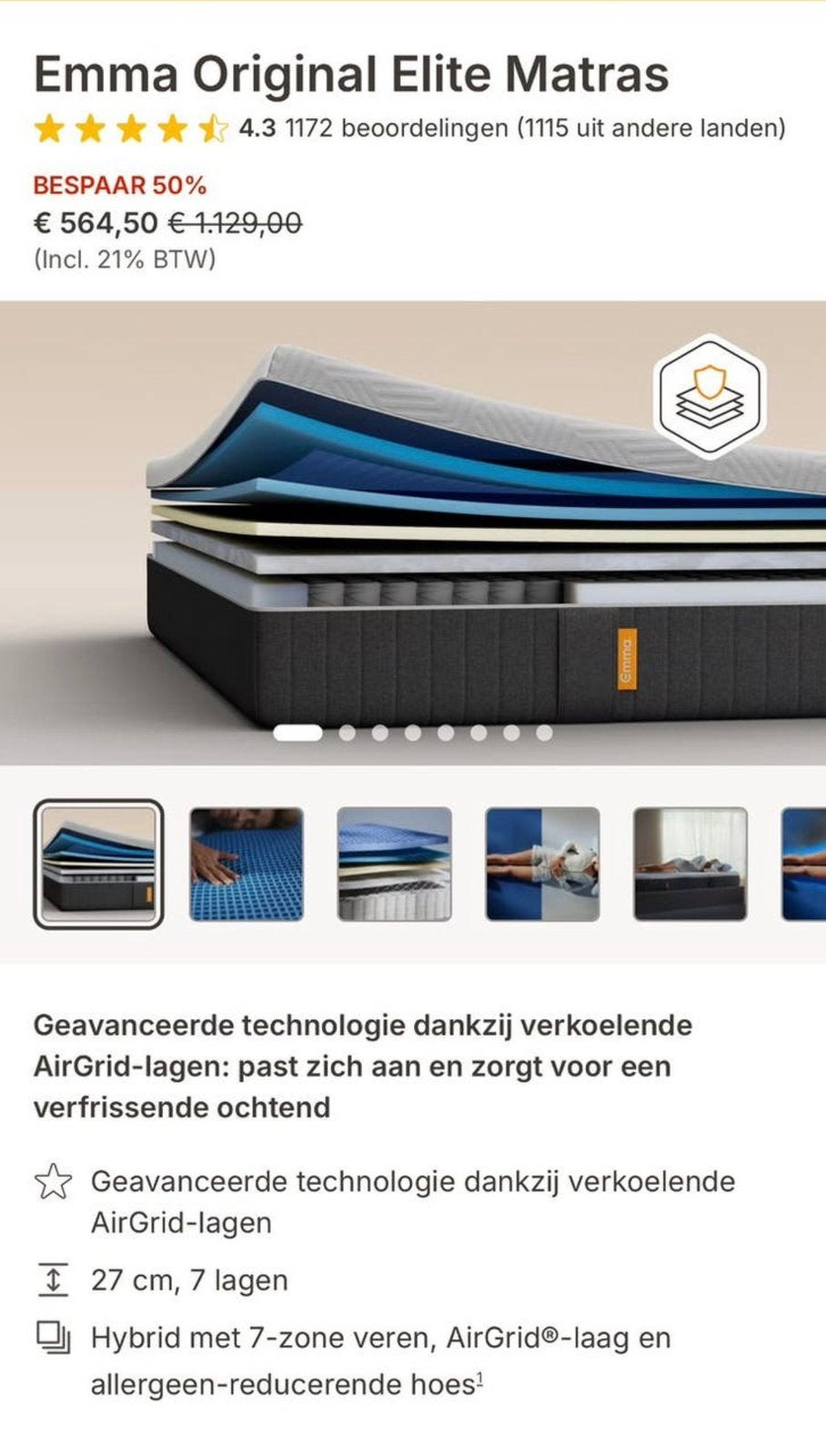 Emma Original Emma elite Matras, Huis en Inrichting, Slaapkamer | Matrassen en Bedbodems, Ophalen, Eenpersoons, Zo goed als nieuw