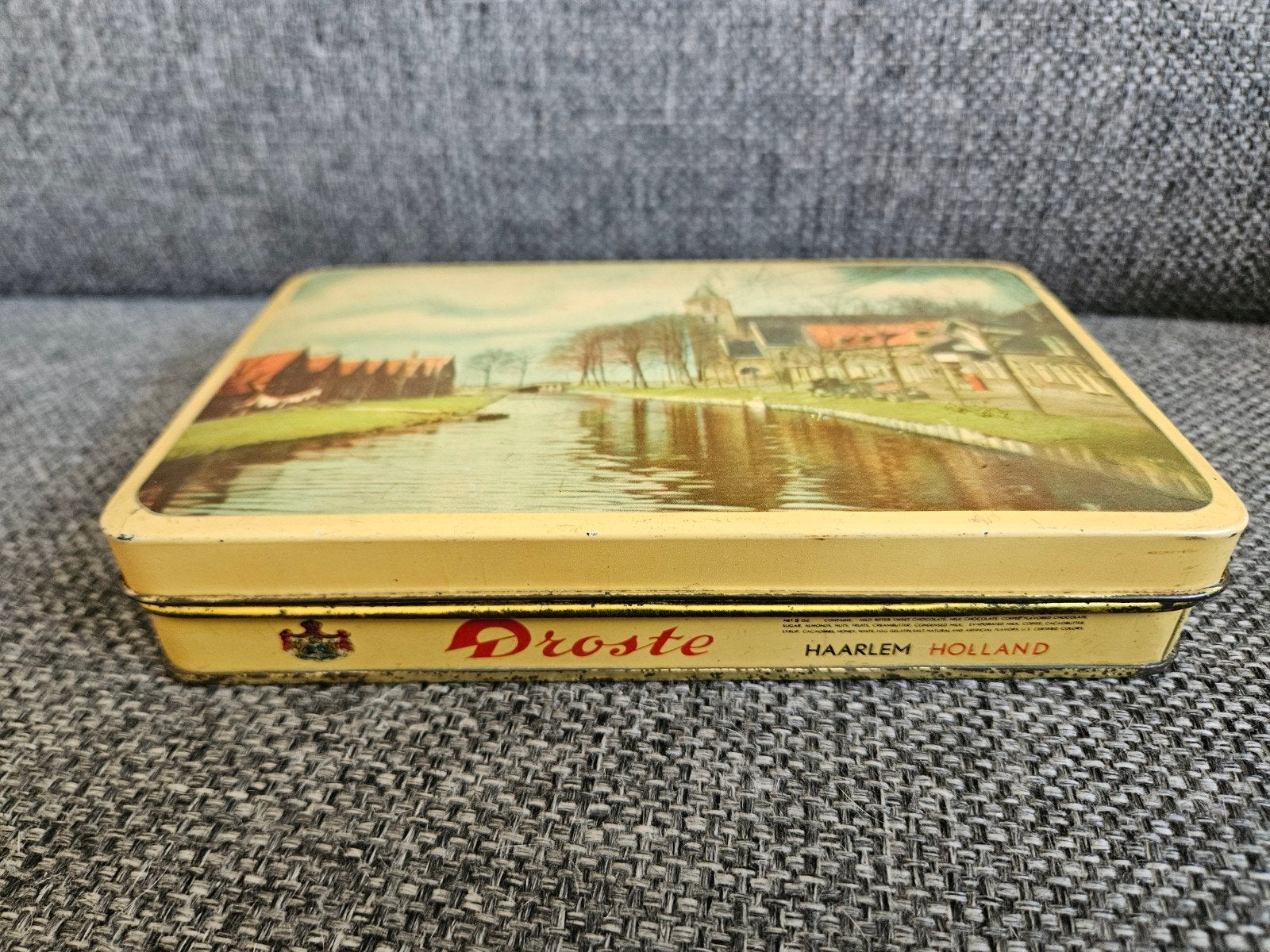 Vintage Droste blik met Hollands landschap, Verzamelen, Blikken, Ophalen of Verzenden, Gebruikt, Overige, Droste