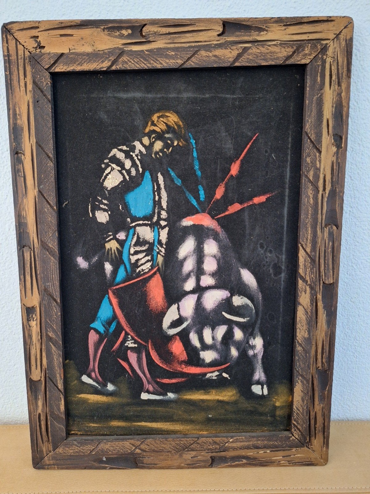 Vintage schilderij stierengevecht, fluweel, ingelijst, Ophalen