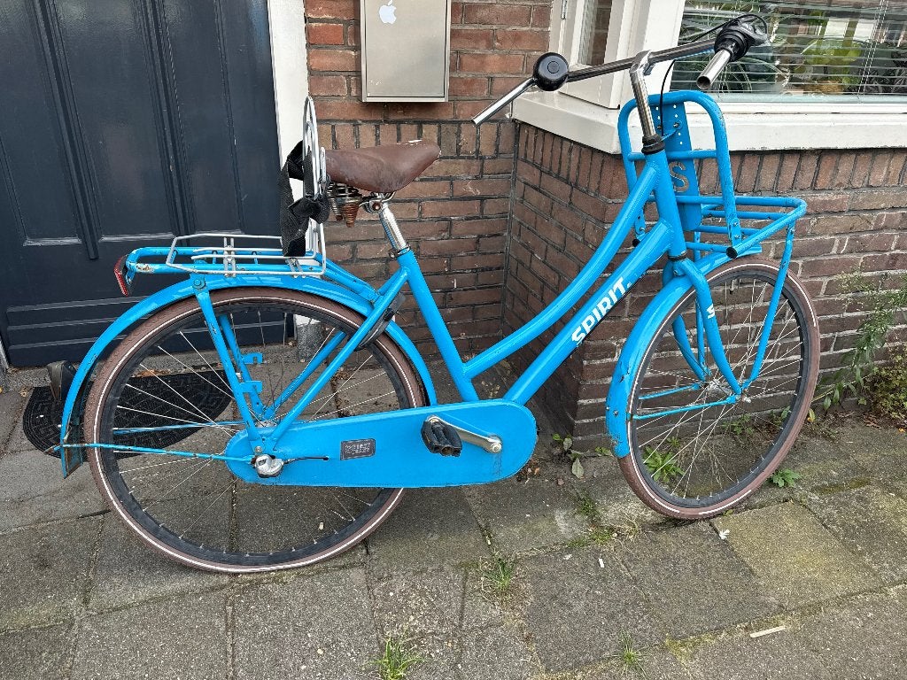 Blauwe Spirit Omafiets met voordrager - Achterband defect, Ophalen, Terugtraprem, 53 tot 56 cm, Versnellingen