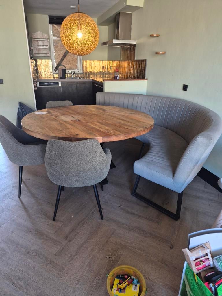 Ronde eethoek met olijfgroene bank, Ophalen, Rond, Zo goed als nieuw, 100 tot 150 cm