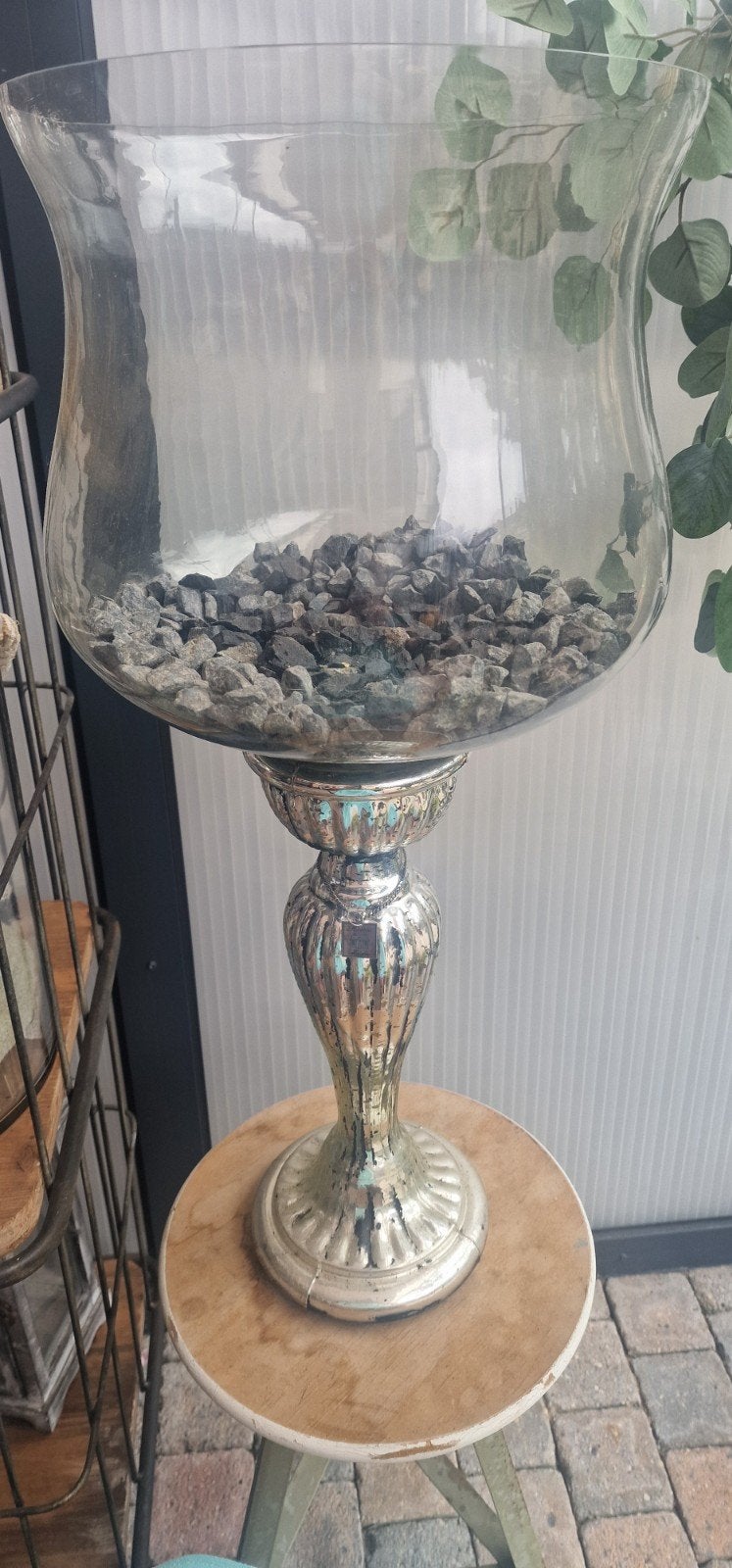 Riviera MaisonGrote glazen windlicht op zilverkleurige voet, Ophalen
