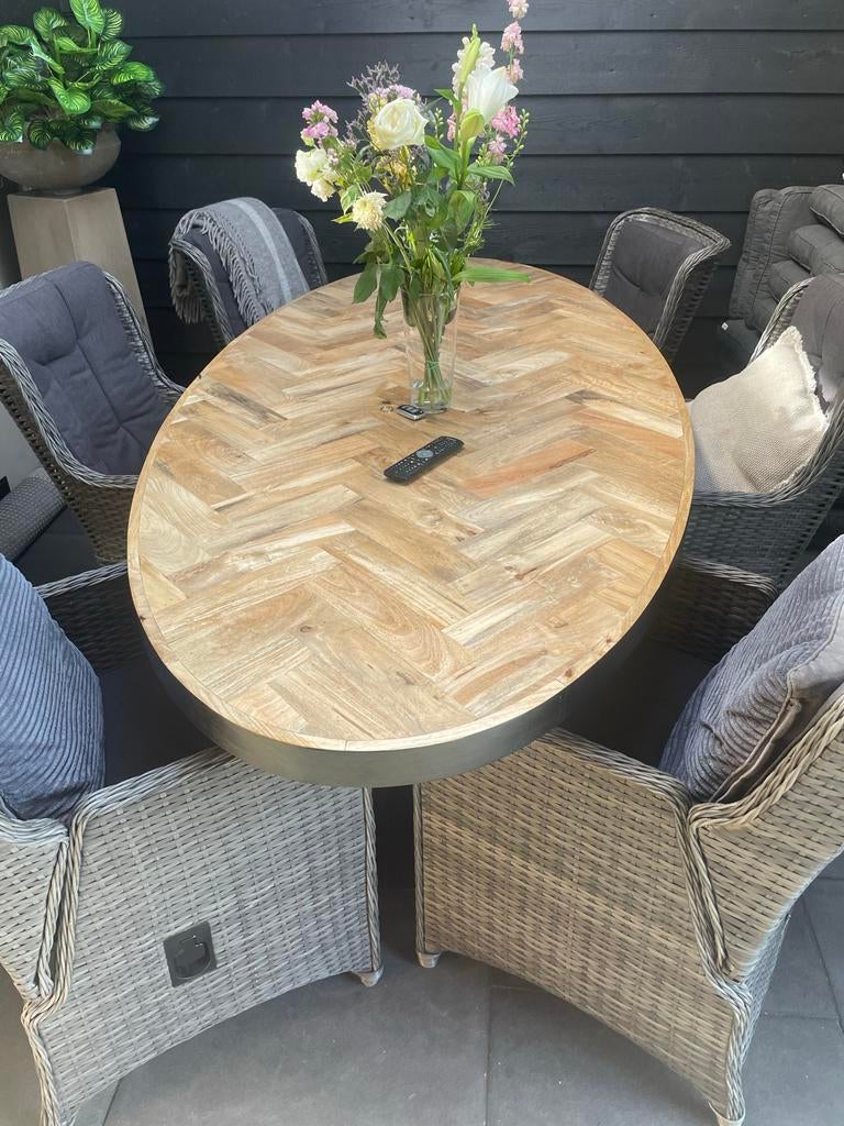 Eettafel, tv meubel en 2 kasten met visgraatmotief mangohout, Ophalen, 200 cm of meer, Zo goed als nieuw, 200 cm of meer