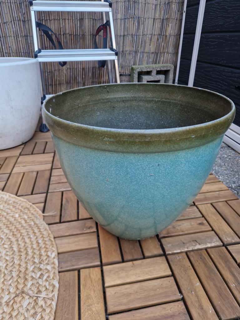 Plastic buiten bloempot groen/aqua (38 cm diameter), Ophalen, Rond, Kunststof, Minder dan 30 cm