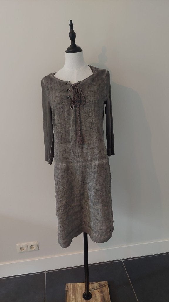 Linnen jurk met driekwartsmouwen - grijs - S / 36, Kleding | Dames, Ophalen of Verzenden, Zo goed als nieuw, Knielengte, Maat 36 (S)