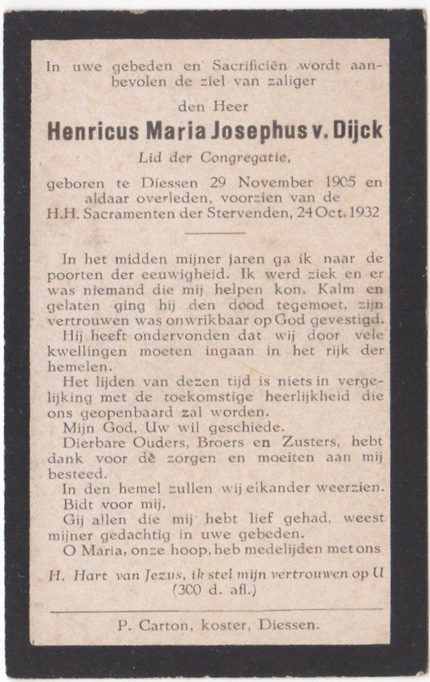 Henricus M.J. van Dijck 1905 Diessen + 1932 Diessen, 26 jr, Ophalen of Verzenden