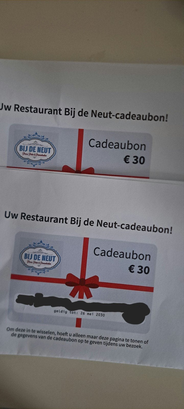 Restaurant bij de Neut - 2x Cadeaubon 30€, Cadeaubon, Overige typen