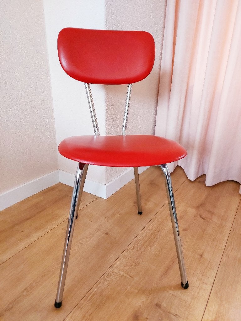 Vintage stoel chroom met rood Vinyl (Saudexvinyl), Ophalen, Gebruikt, 60's, vinyl, retro, vintage, flowerpower, diner, Rood