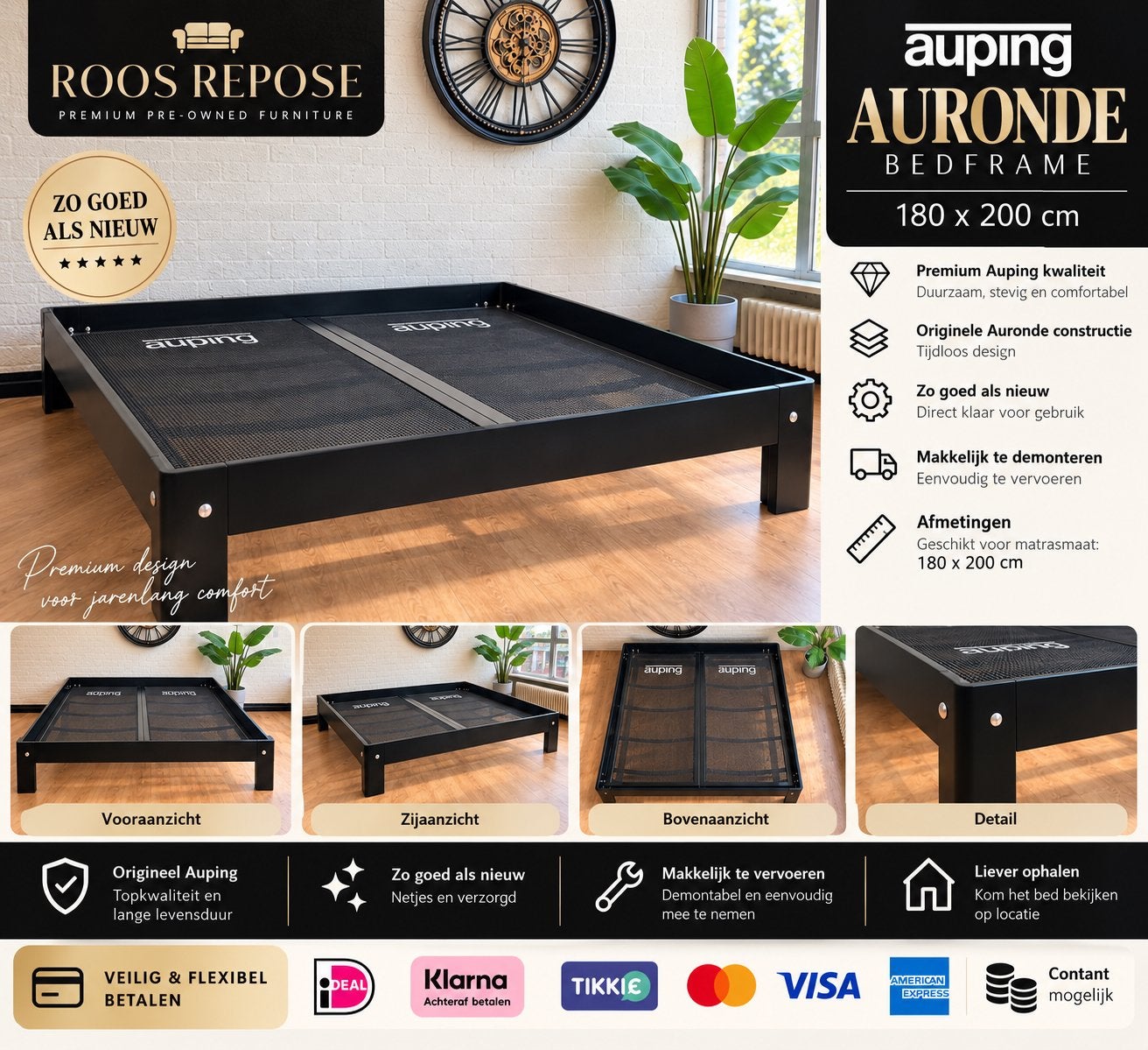 LUXE AUPING AURONDE 180x200 CM – ZWART | ZO GOED ALS NIEUW!