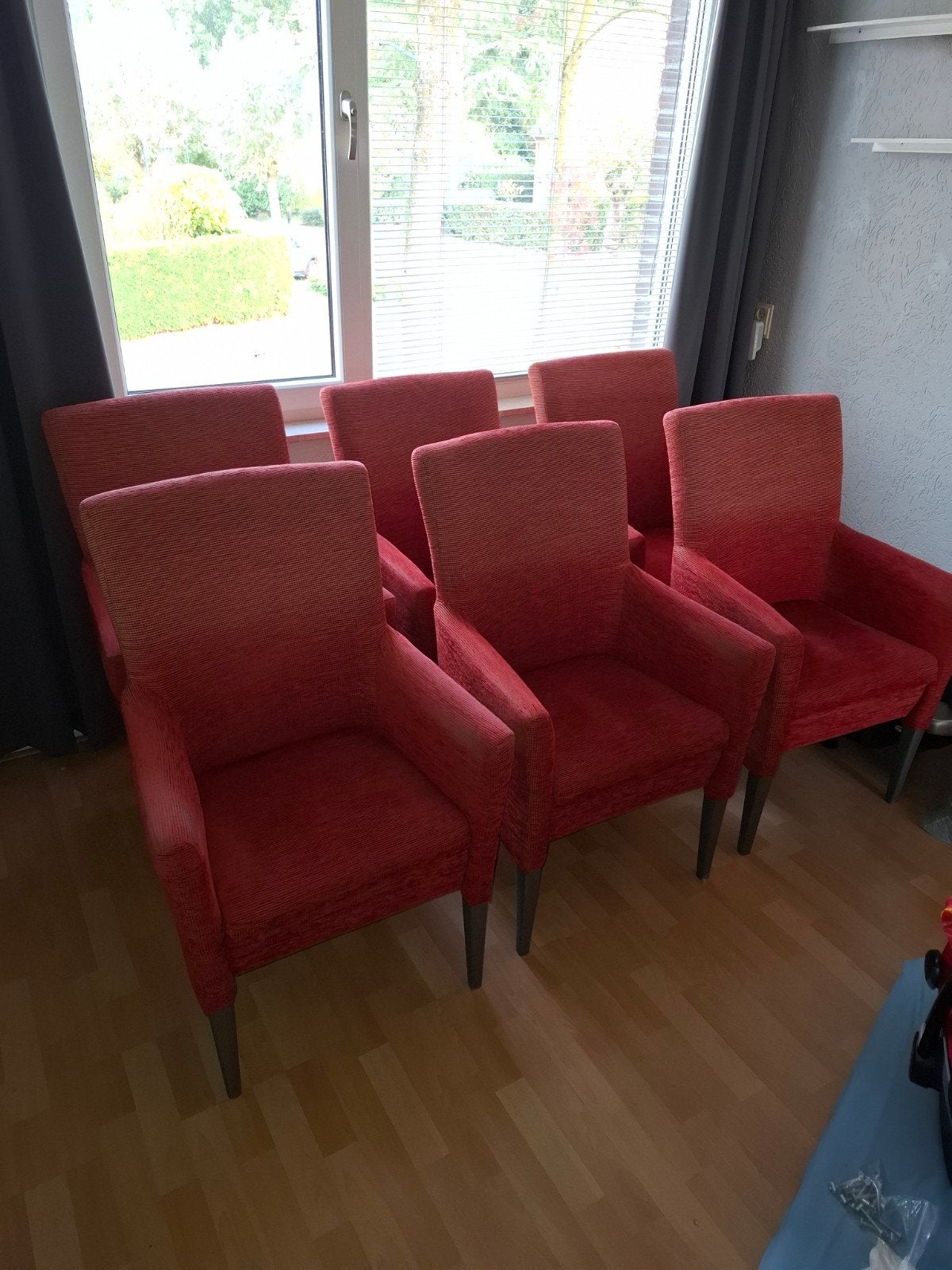 6 comfortabele eetkamerstoelen - Oranje/Rood, Gebruikt, Overige kleuren, Ophalen of Verzenden, Stof