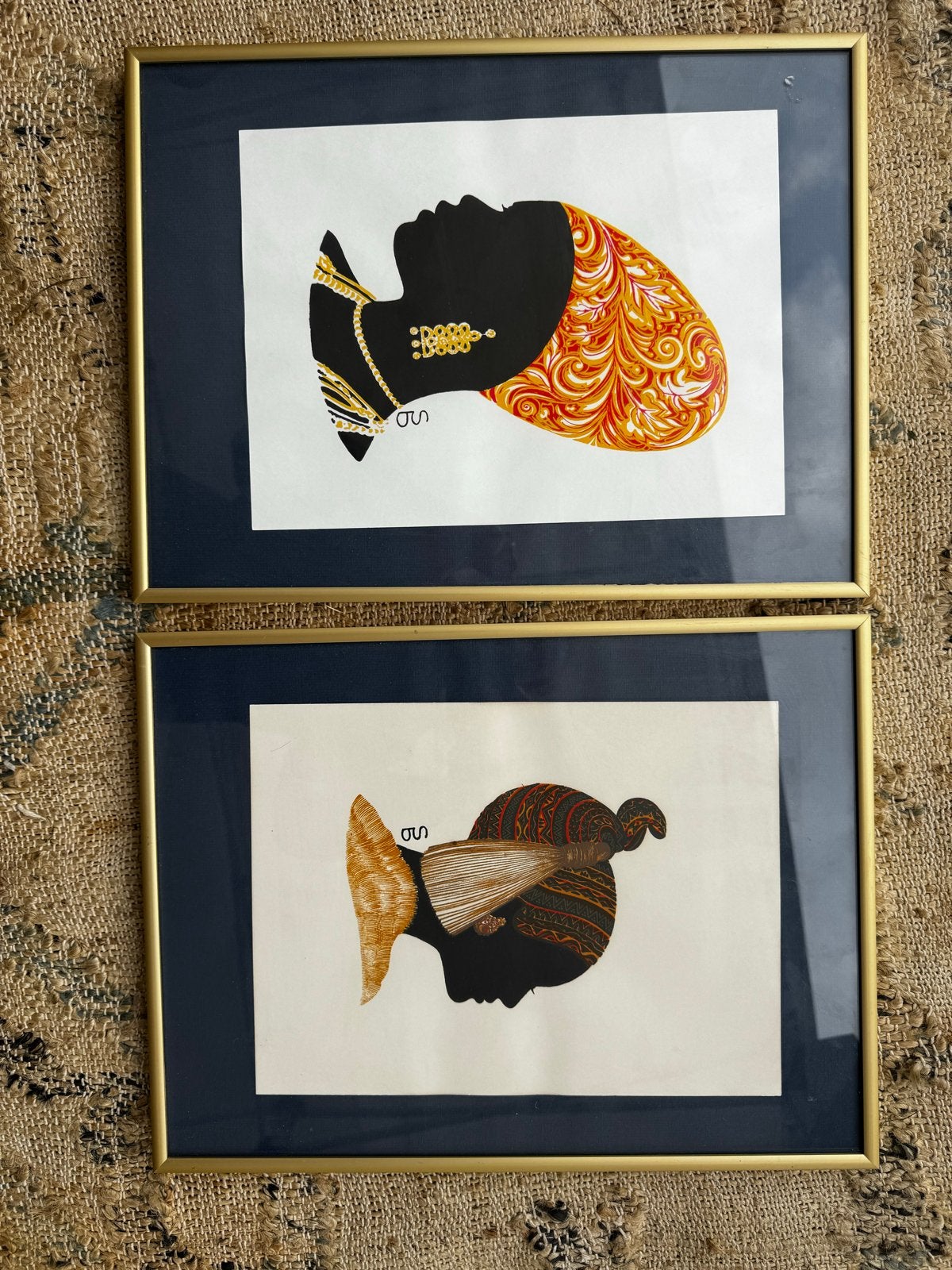 Twee ingelijste tekeningen van Afrikaanse dames, Ophalen of Verzenden, Tekening, Overige technieken, Handgemaakt