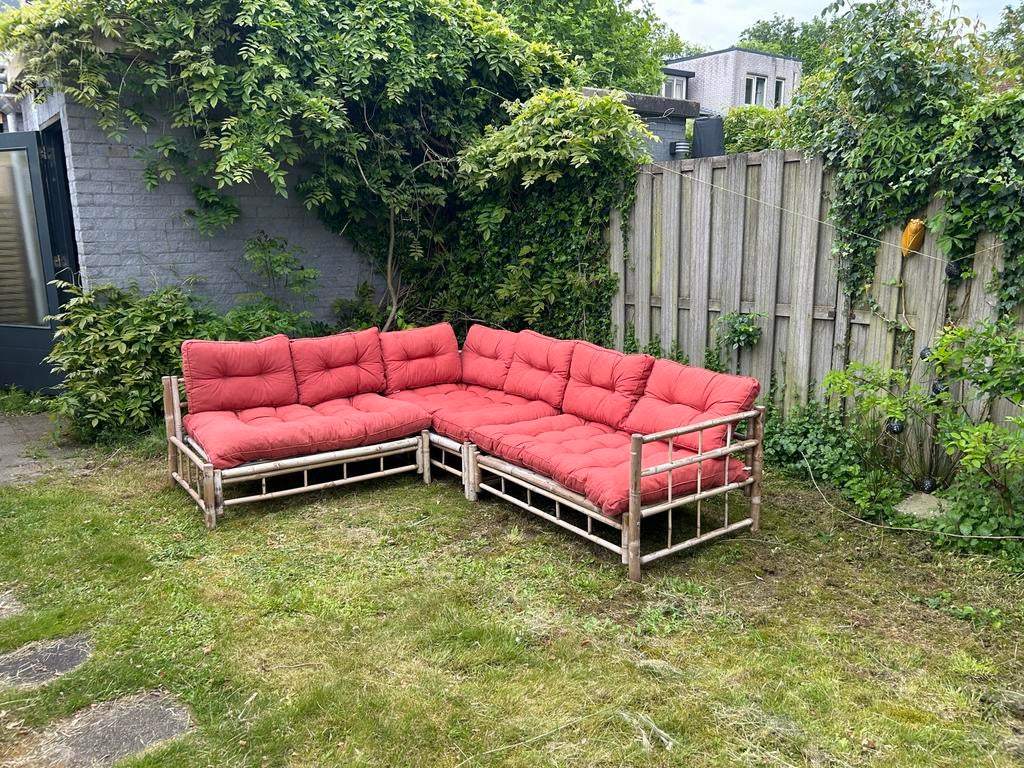 Bamboe Loungeset met kussens, Ophalen, Overige materialen, Gebruikt, 3 zitplaatsen