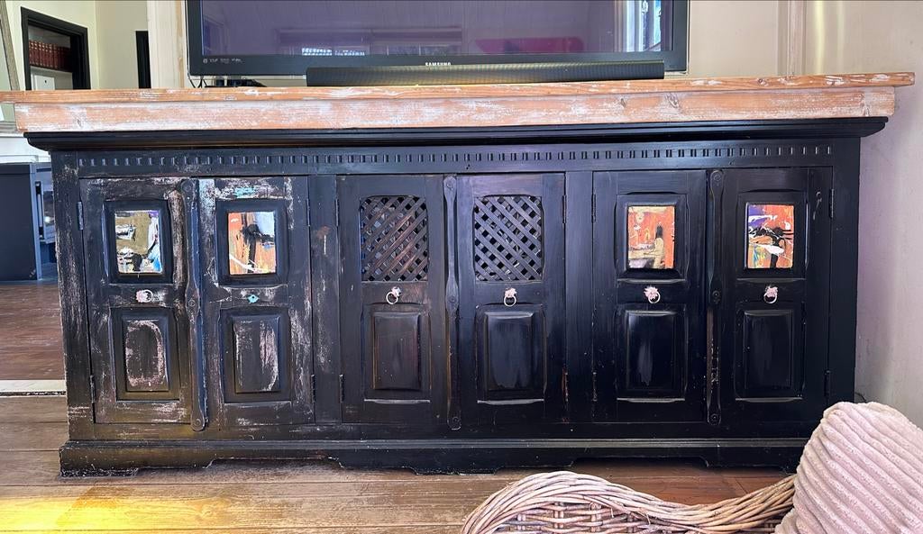 Uniek zwart dressoir met houten blad, Ophalen, Zo goed als nieuw, 50 tot 75 cm, 50 tot 100 cm