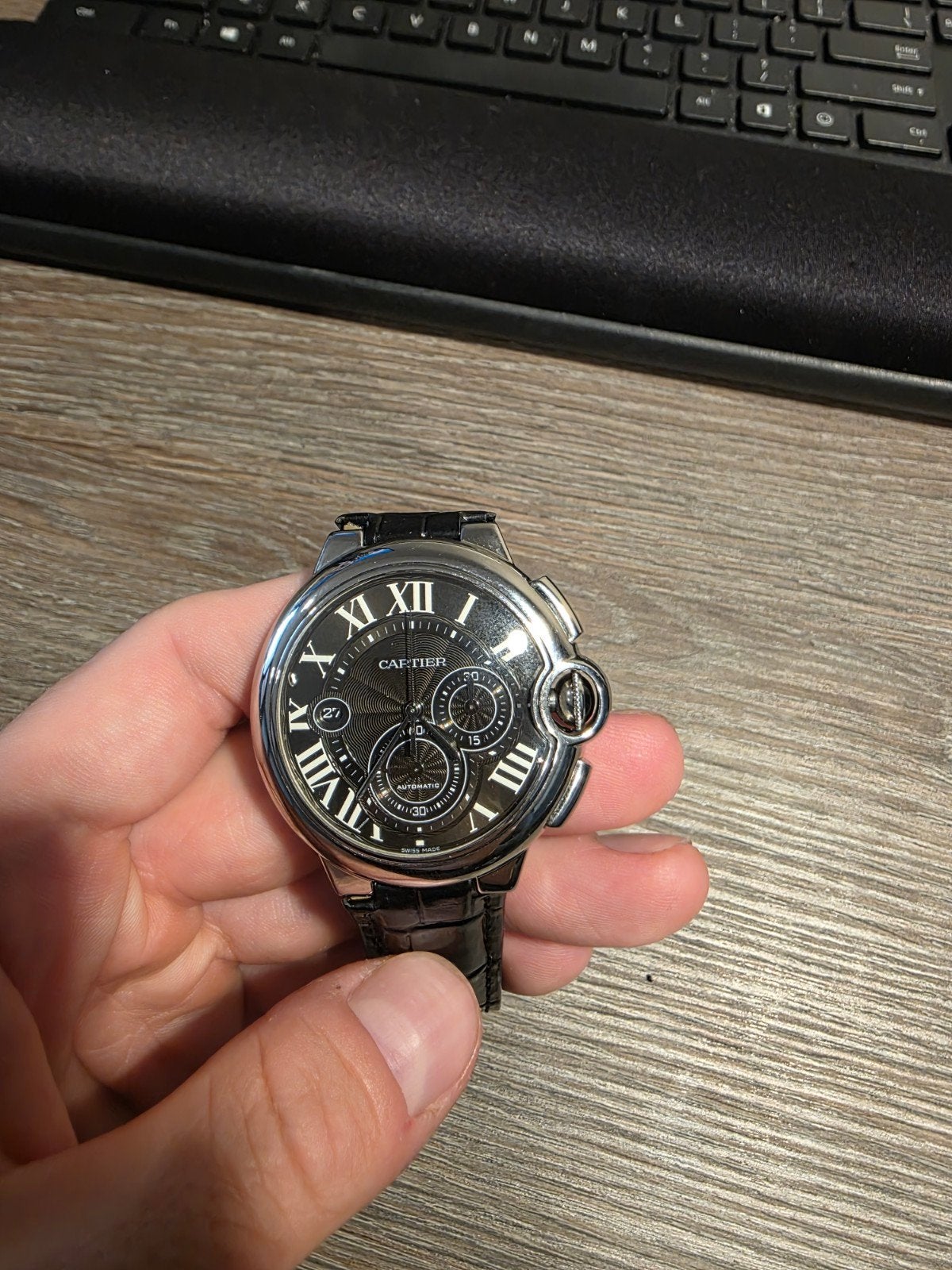 Cartier Ballon Bleu Chronograaf met garantiekaart, Leer, Staal, Polshorloge, Ophalen of Verzenden