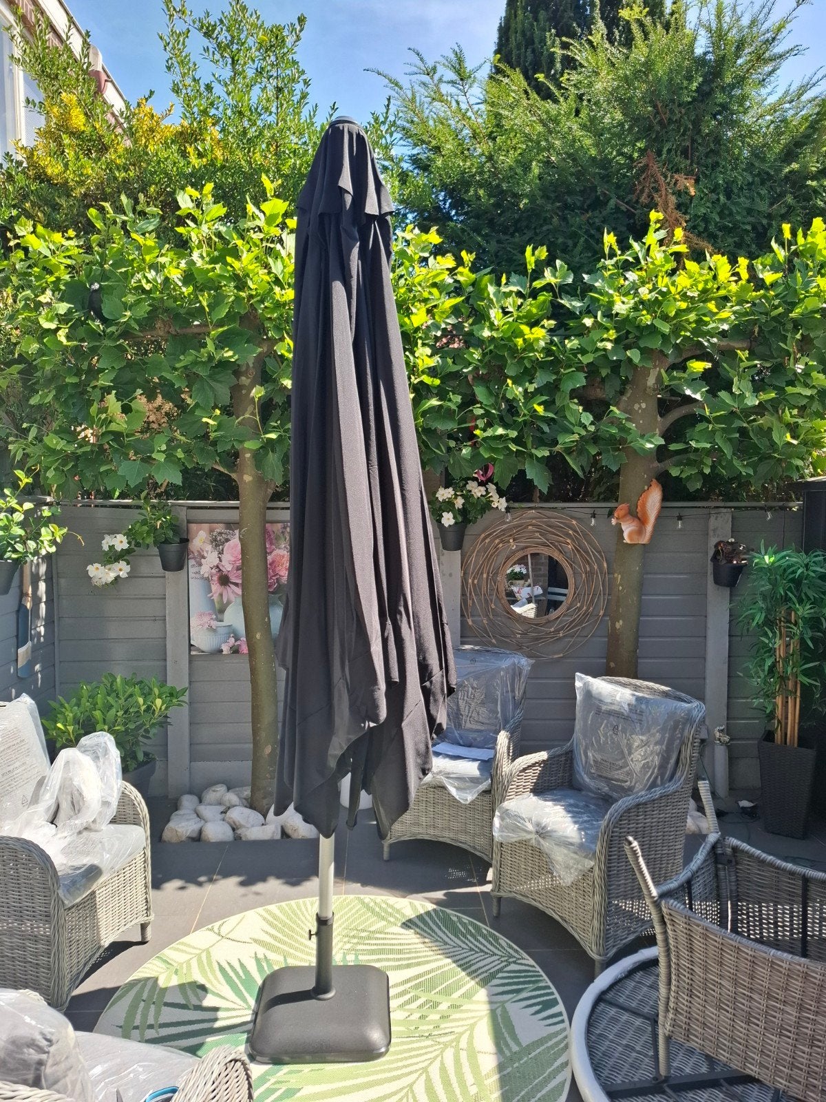 Nieuwe zwarte parasol 3x3 meter (zonder voet), Ophalen of Verzenden, Nieuw, 3 tot 4 meter, Stokparasol