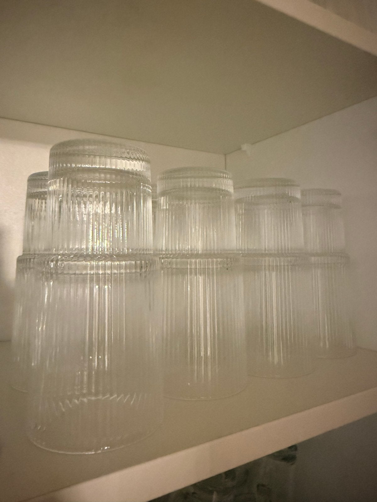 Set van 12 geribbelde glazen, Ophalen, Gebruikt, Glas, Glas of Glazen