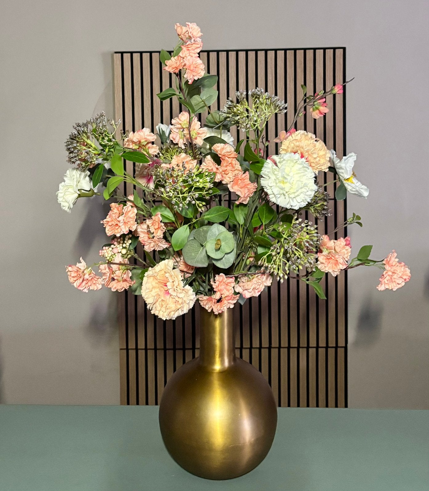 zijden bloemen boeket - Peach + Dutchbone design vaas 80 cm, Huis en Inrichting, Woonaccessoires | Kunstplanten en Kunstbloemen
