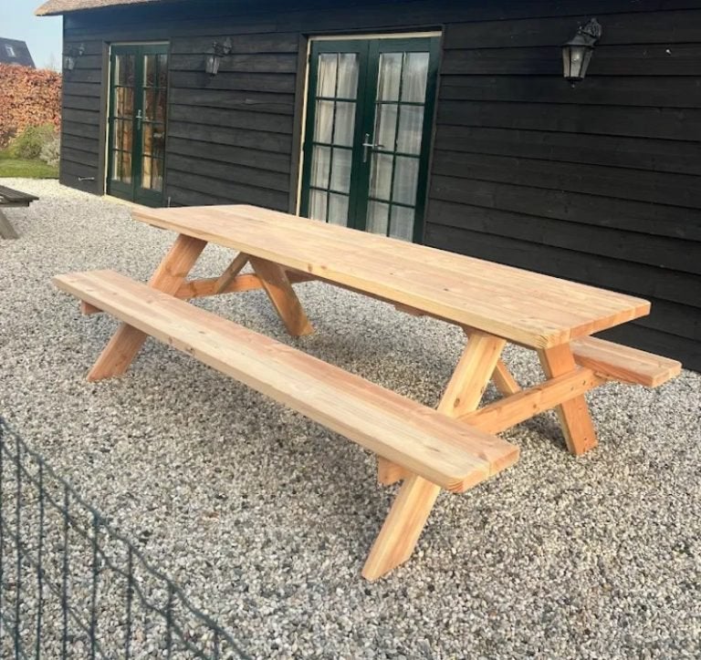 Douglas picknicktafel, Tuin en Terras, Picknicktafels, Ophalen, Zo goed als nieuw, Rechthoekig, Hout