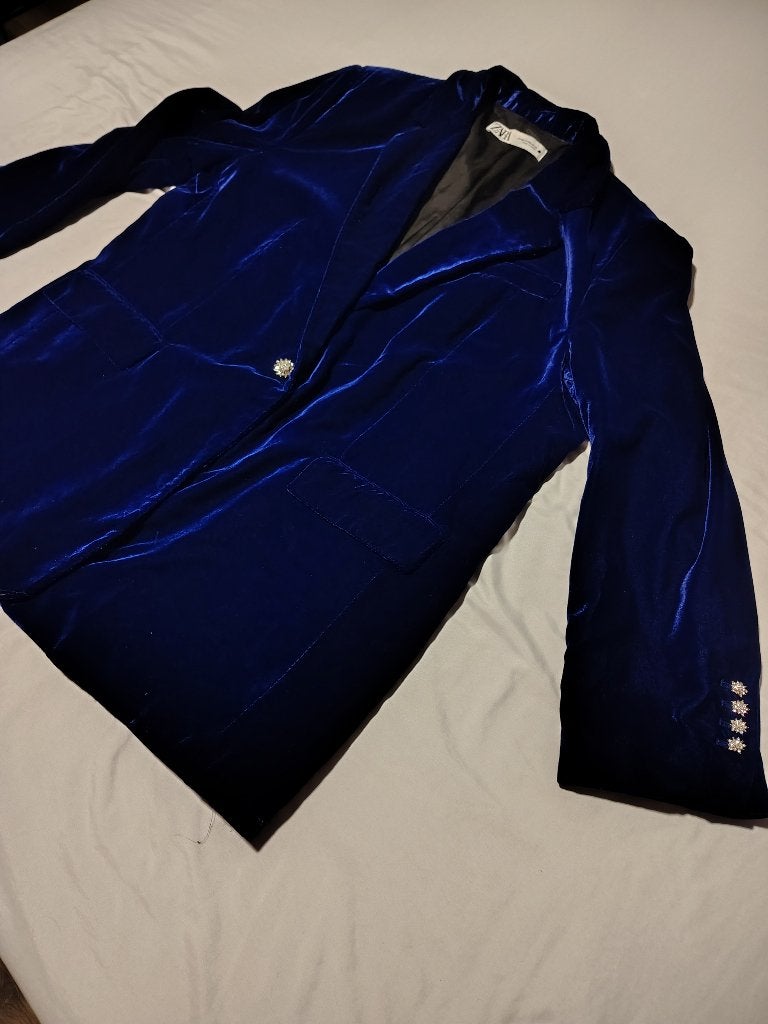 ZARA blauw fluweel colbert dames. XXL, Zara, Maat 46/48 (XL) of groter, Zo goed als nieuw, Jasje