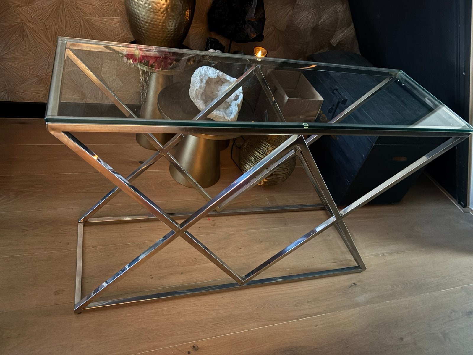 Sidetable glas met zilver, Ophalen, 100 tot 150 cm, Glas, Zo goed als nieuw