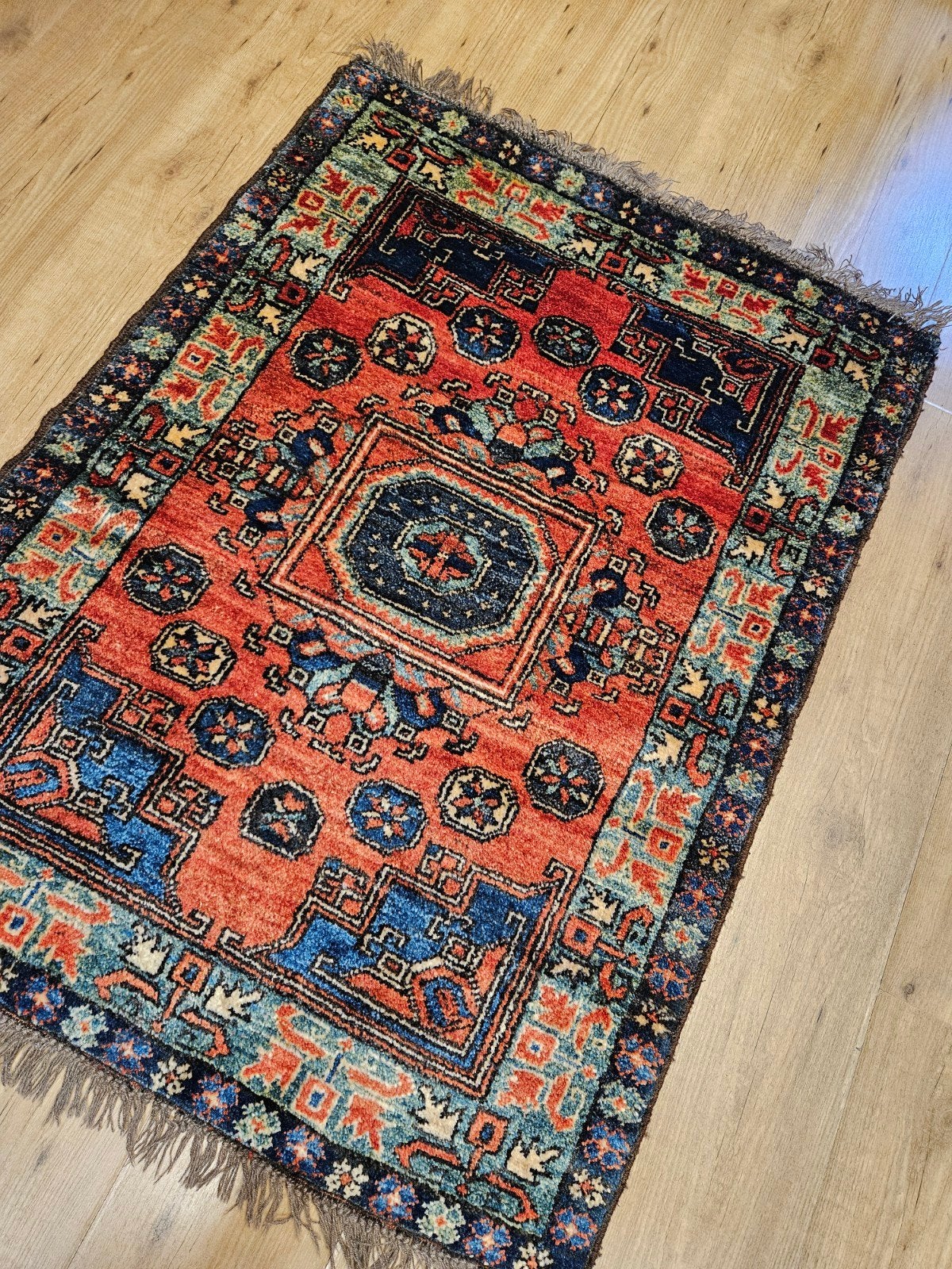 Vintage handgeknoopt oosters tapijt kazak 123x86, Info@SlatsAntiek.nl, Tweedehands, 100 tot 150 cm, Perzisch