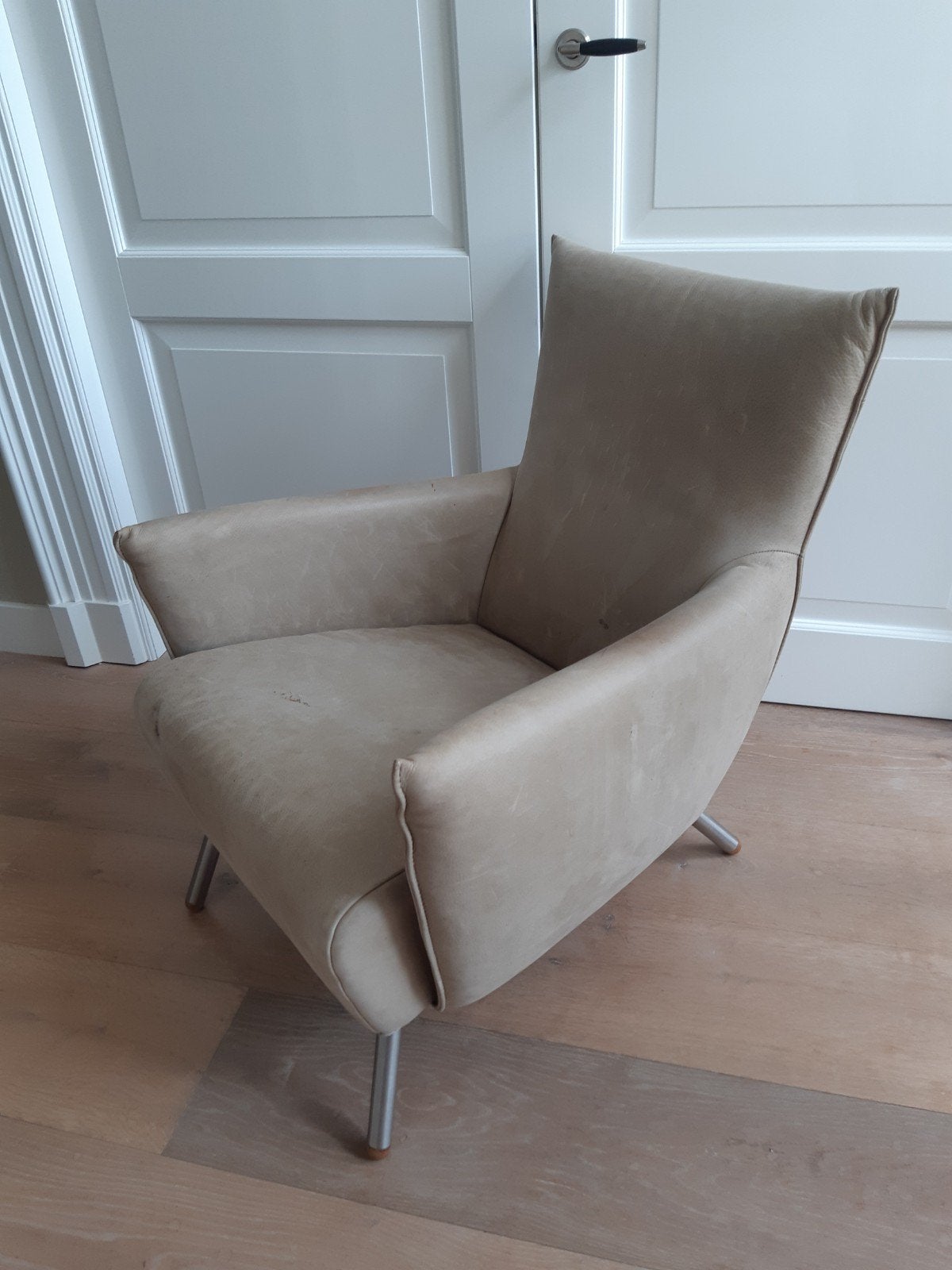 Fauteuil Label Cheo taupe leer mat, Ophalen, Gebruikt, Minder dan 75 cm, Leer