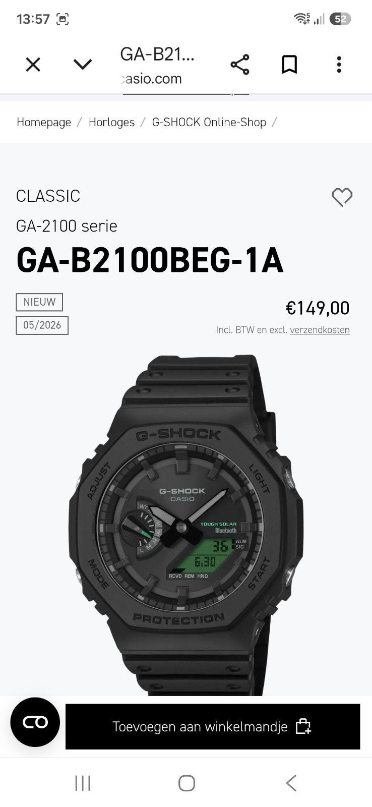 Casio G-Shock GA-B2100BEG-1A Zwart Polshorloge, Ophalen, Casio, Kunststof, Nieuw