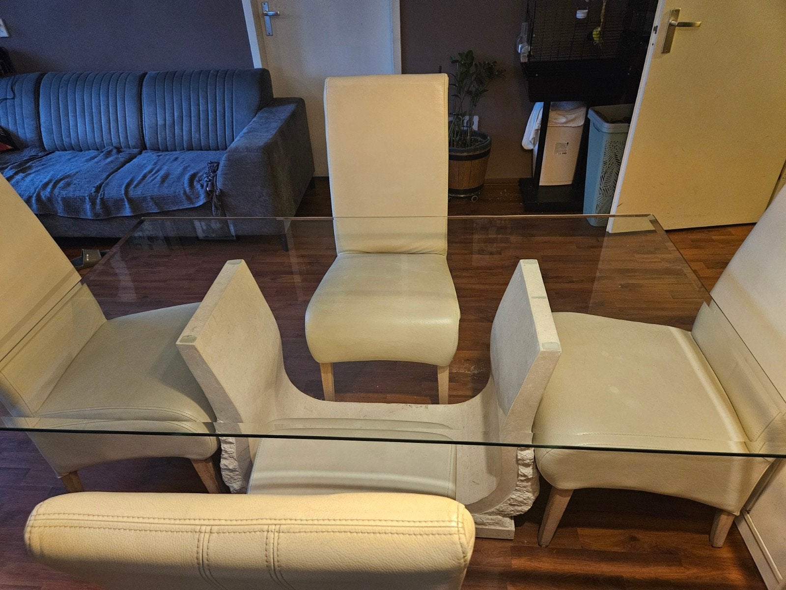 Glazen eettafel met 4 stoelen, Ophalen, Gebruikt, 50 tot 100 cm, 150 tot 200 cm