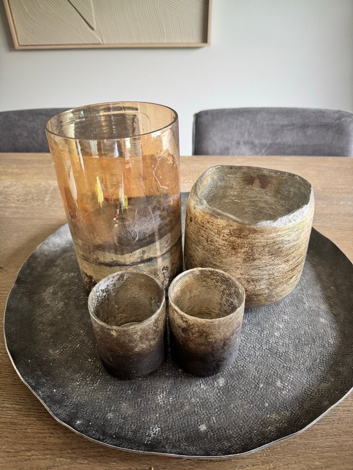 Theelichthouders op dienblad, Ophalen, Bruin, Gerecycled glas, Glas