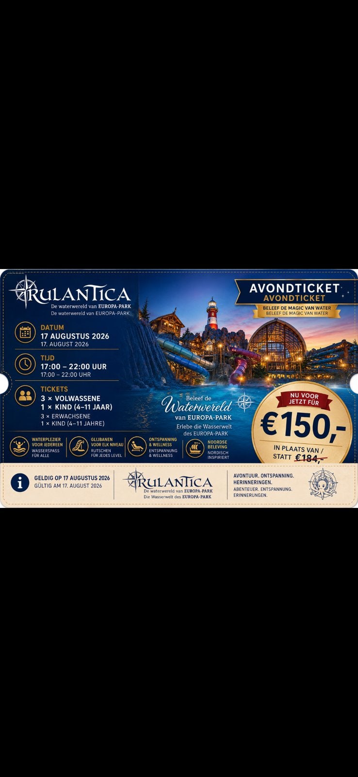 4 Rulantica tickets 17 augustus 2026, Tickets en Kaartjes, Drie personen of meer