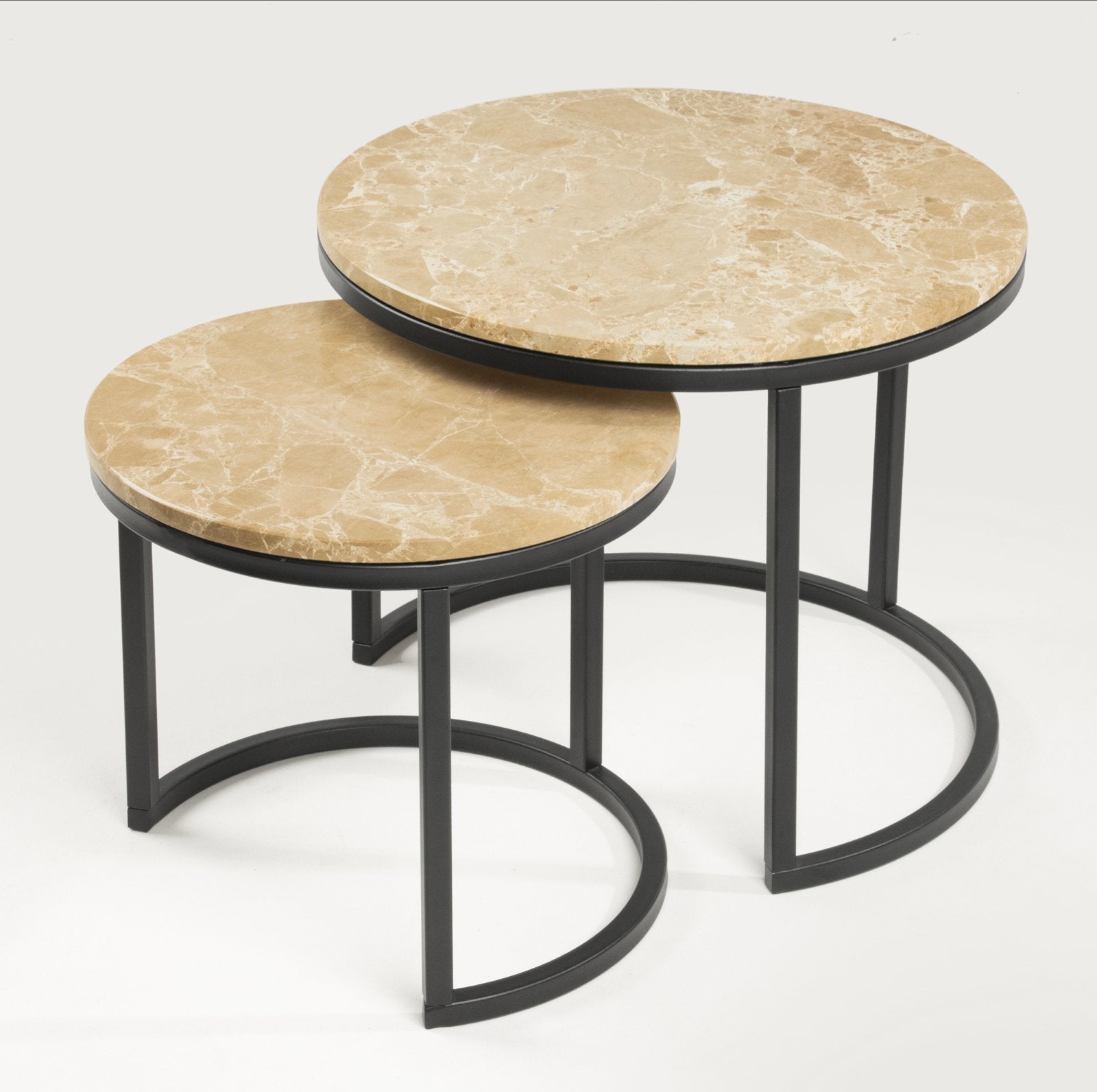Set van 2 ronde salontafels met marmer blad, Metaal of Aluminium, Rond, Nieuw, 55 tot 75 cm