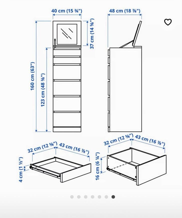 IKEA MALM Ladekast met 6 lades en spiegel, wit, Ophalen, Minder dan 50 cm, Gebruikt, 5 laden of meer