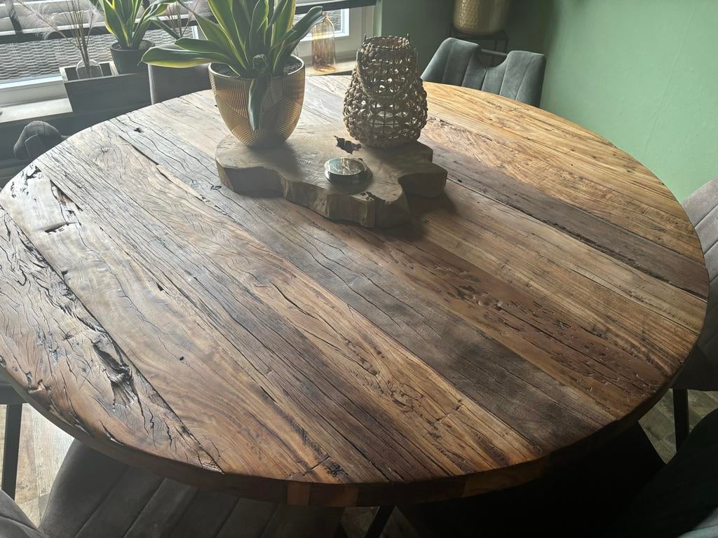Robuuste ronde eettafel van massief hout met metalen poot, Ophalen, 150 tot 200 cm, Rond, Zo goed als nieuw