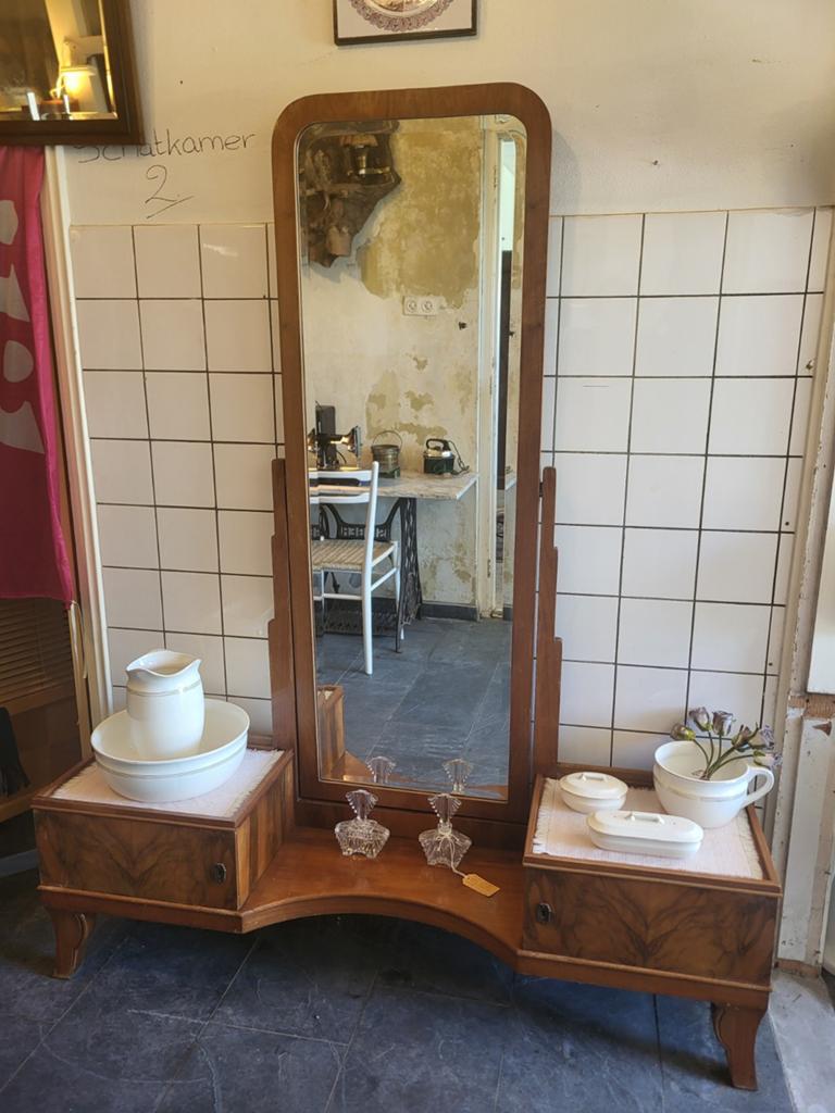 Art Deco beweegbare halspiegel 2 vakkenkastjes toilettafel, Antiek en Kunst, Antiek | Spiegels, 100 tot 150 cm, 150 tot 200 cm