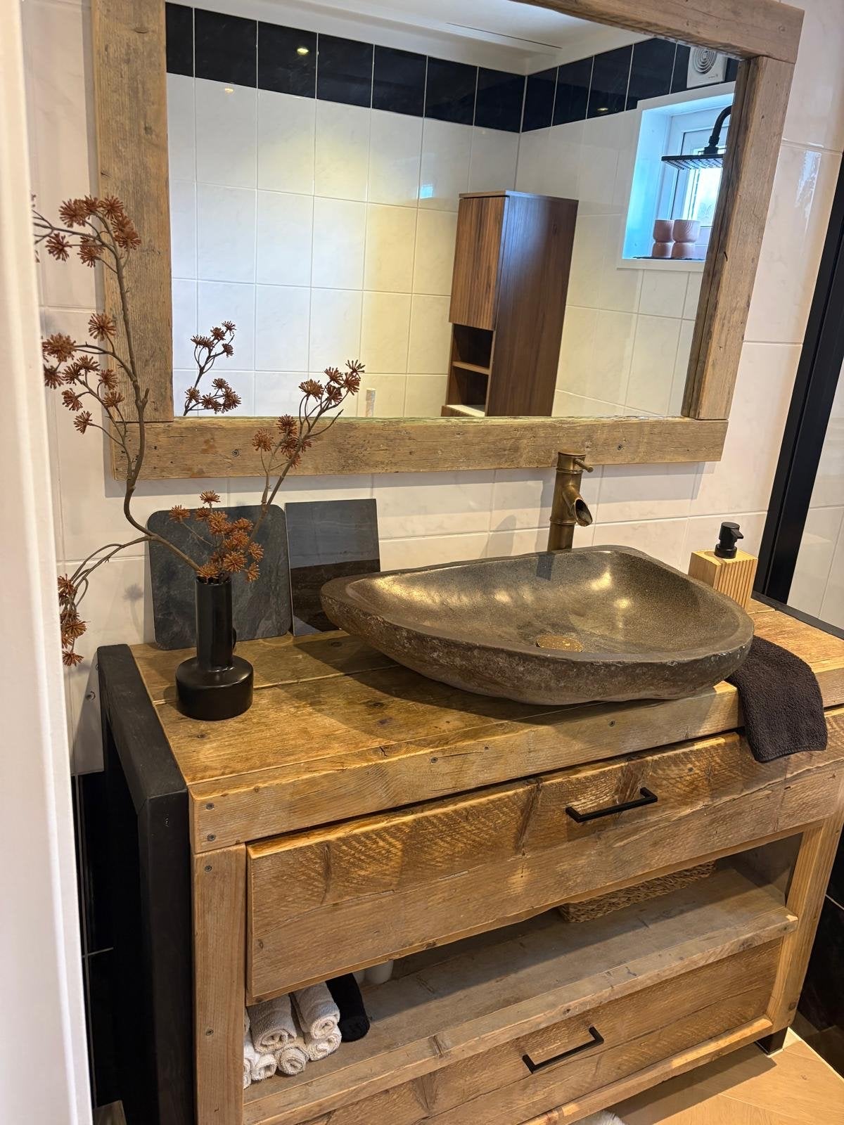 Rustieke badkamermeubel met waskom en spiegel, Ophalen, Gebruikt, 50 tot 100 cm, Minder dan 100 cm
