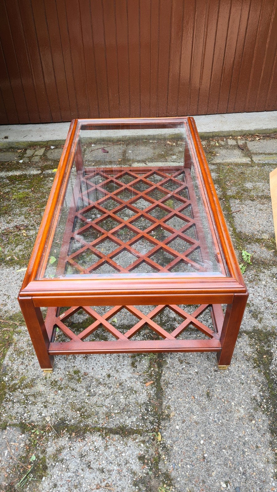 Salontafel met glasplaat en houten onderstel, Ophalen, Gebruikt, 100 tot 150 cm, Glas