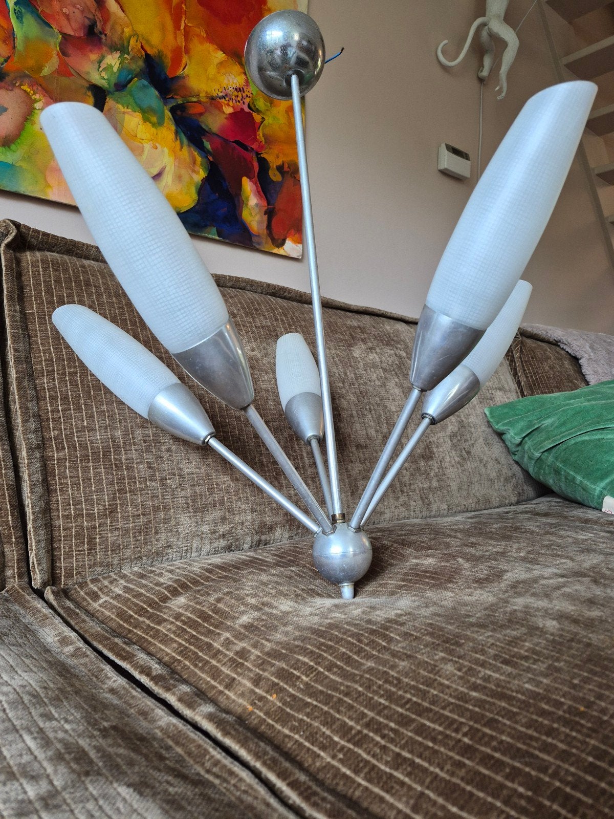 Vintage hanglamp met 5 armen - 63 cm hoog, Ophalen, Gebruikt, Glas, Vintage, Retro