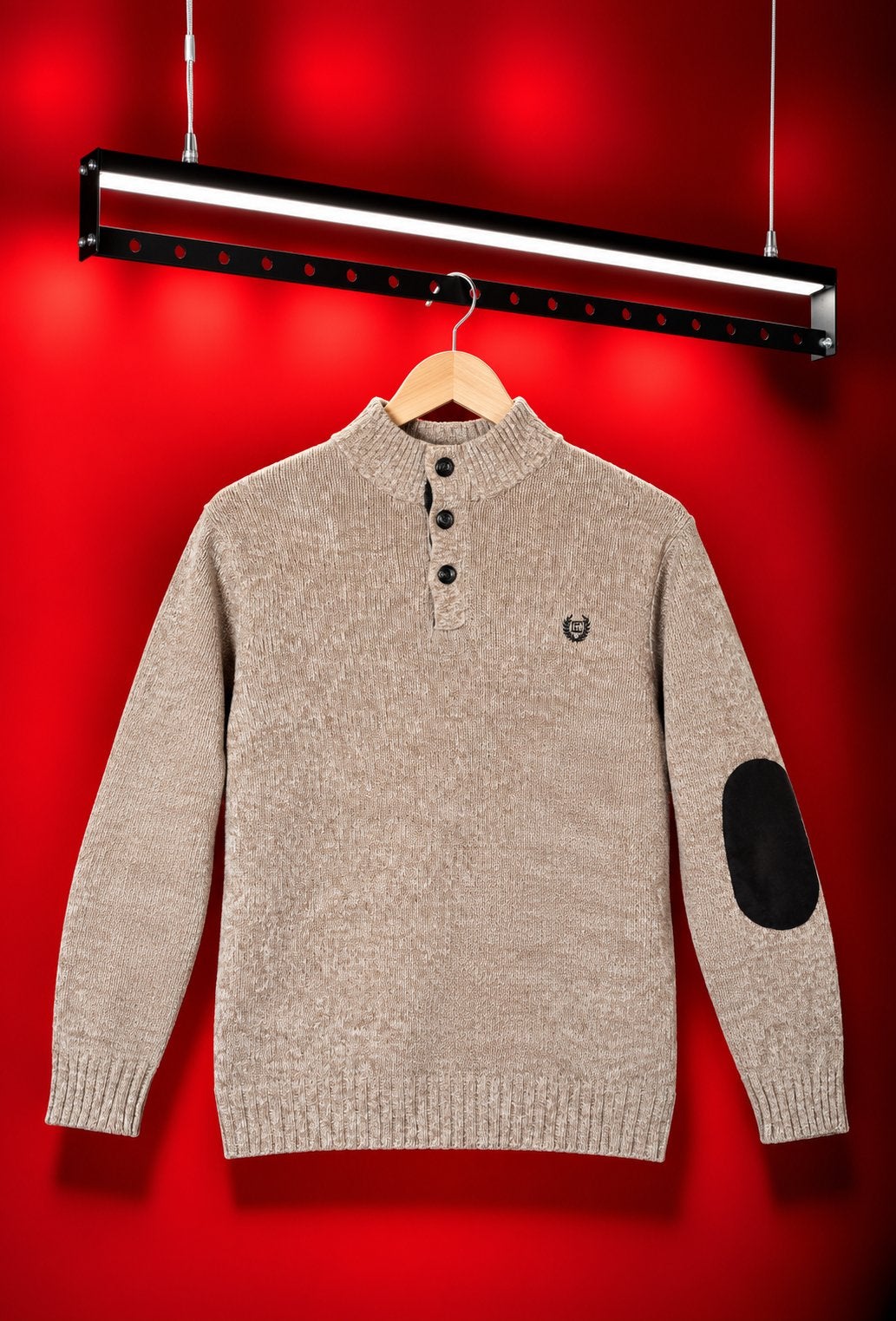 Heren trui met opstaande kraag en elleboogstukken, Ophalen of Verzenden, Nieuw, Maat 48/50 (M), Beige