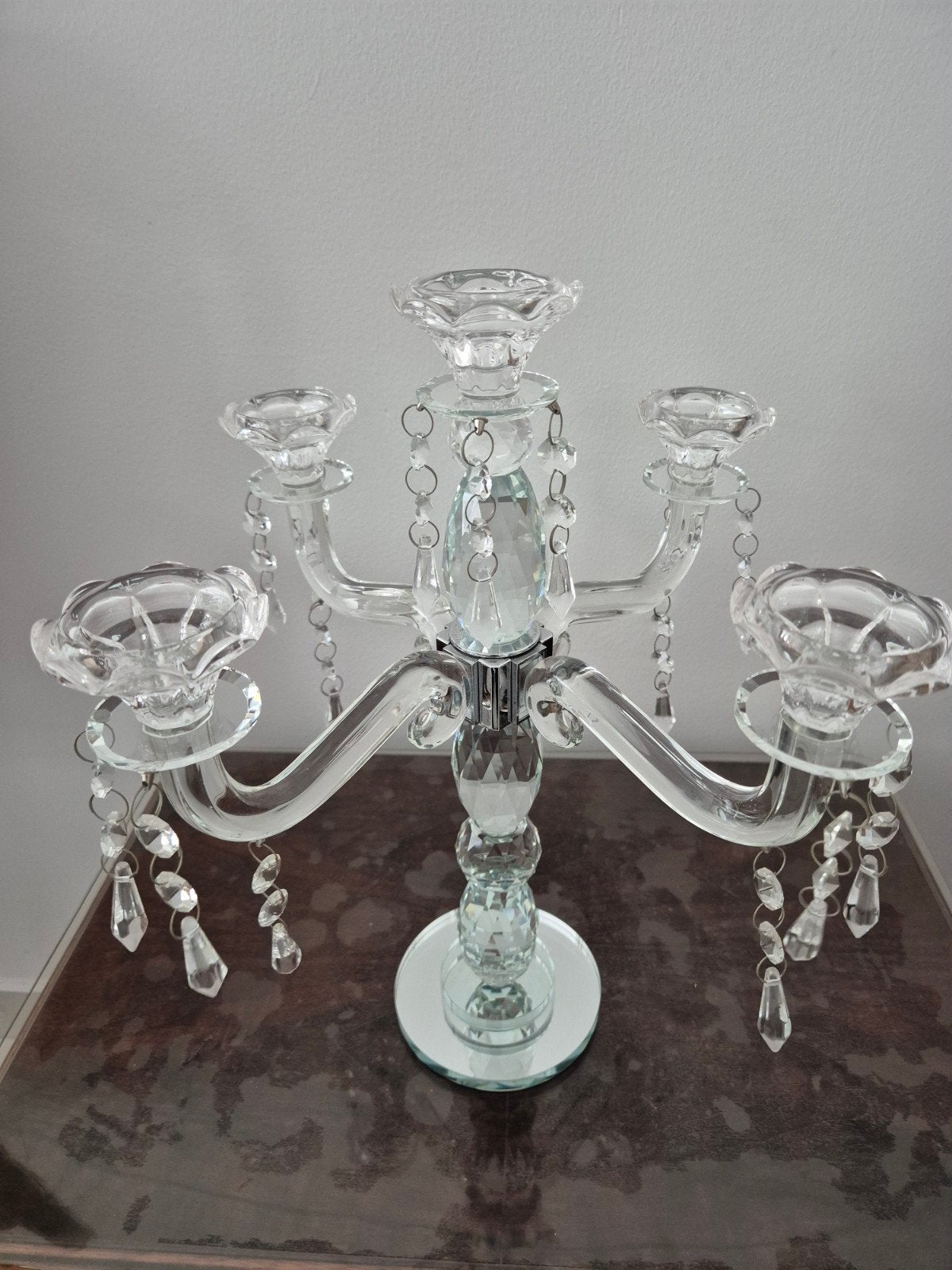 Glazen kandelaar met 5 armen en kristallen hangers, Gebruikt, Overige merken, Ophalen of Verzenden, Glas