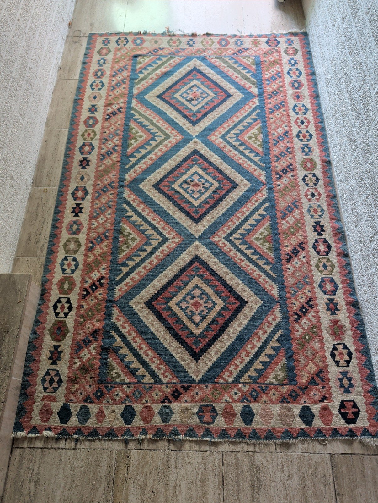 Gratis vintage tapijt met geometrisch patroon, Ophalen, Gebruikt, Groen, 100 tot 150 cm
