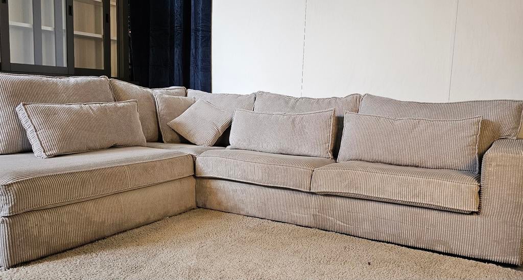 Ribstof Hoekbank Met Hocker Creme/Beige Lounge, Huis en Inrichting, Ophalen of Verzenden, Tweelingenlaan 106, Stof, Nijhof Brothers Furniture
