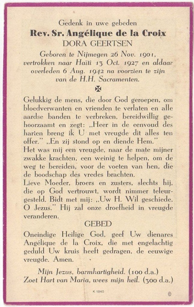 zr. Dora Geertsen 1901 Nijmegen + 1942 Haïti, 40 jaar oud, Verzenden