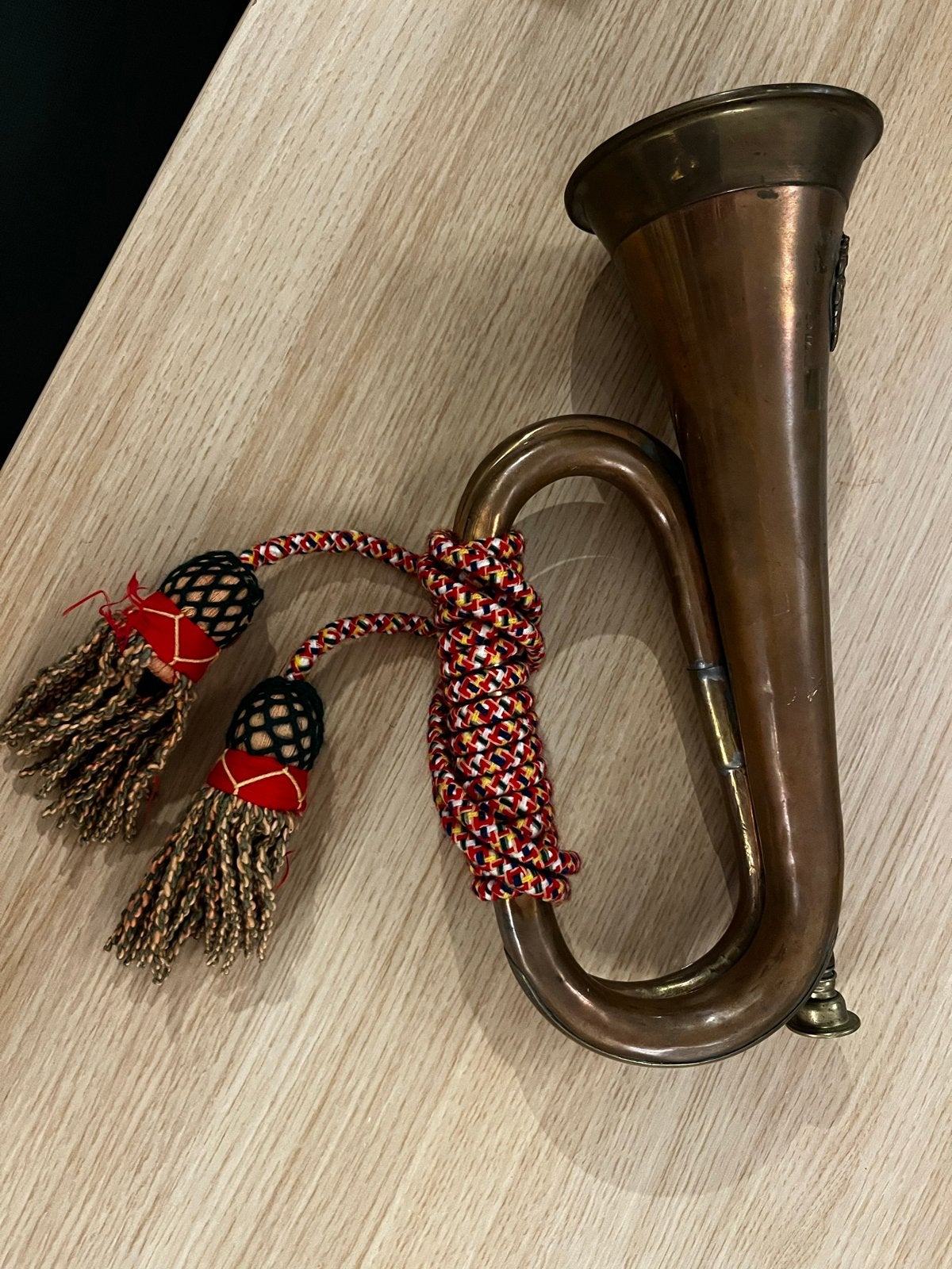 Antieke koperen bugel met kwasten - Decoratief, Muziek en Instrumenten, Ophalen, Gebruikt, Koperblazer