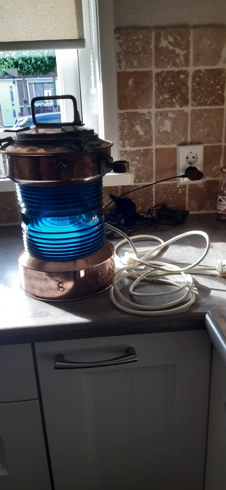 Koperen scheepslamp met blauw glas, Ophalen of Verzenden