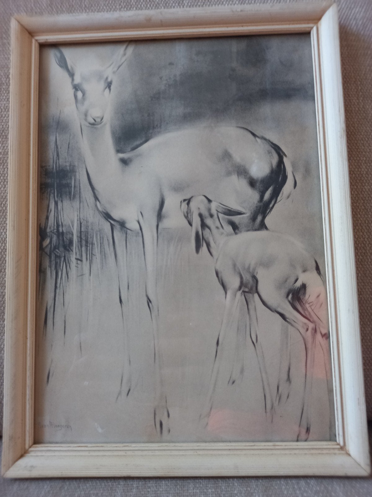 Vintage tekening moeder met kalf met handtekening    ., Ophalen of Verzenden